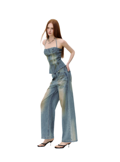 Denim Halter Top and Wide-Leg Jeans Set