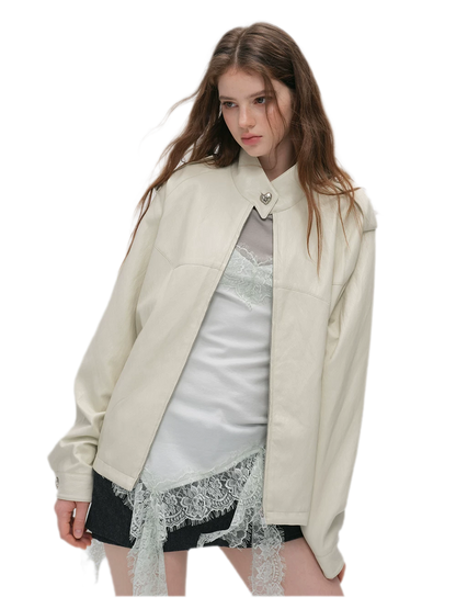 Faux-Leather Lychee-Texture Moto Jacket