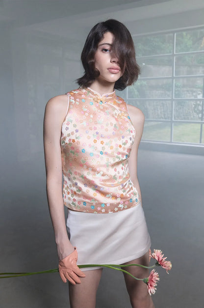 Glossy Floral Mandarin-Collar Qipao