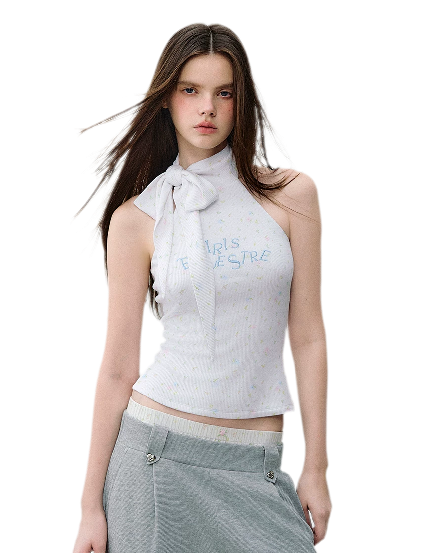 Printed Bow-Tie Halter Cropped Vest