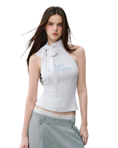 Printed Bow-Tie Halter Cropped Vest