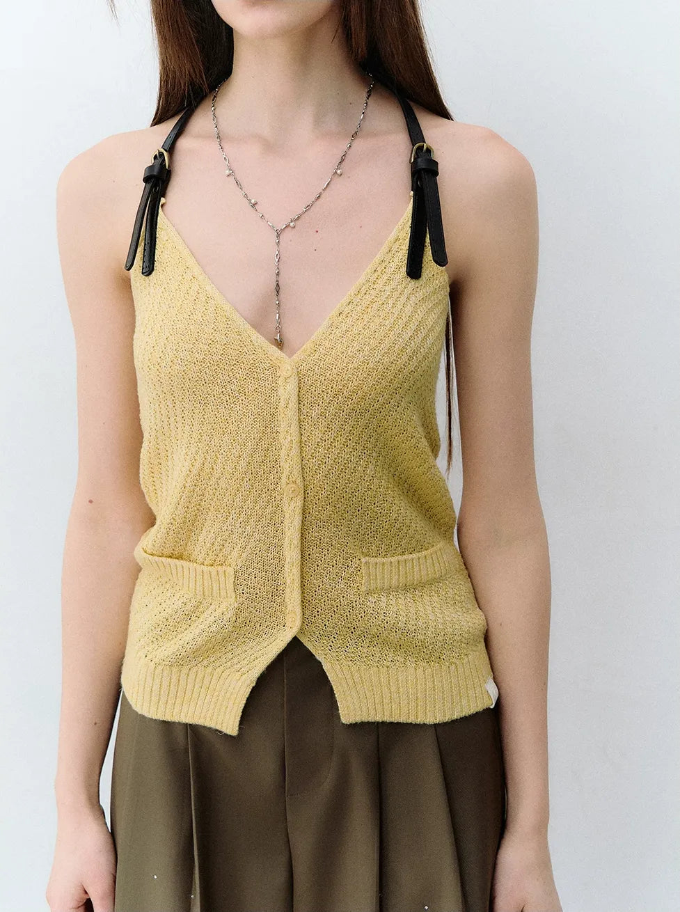 Colorblock Halter V-Neck Linen Knit Vest