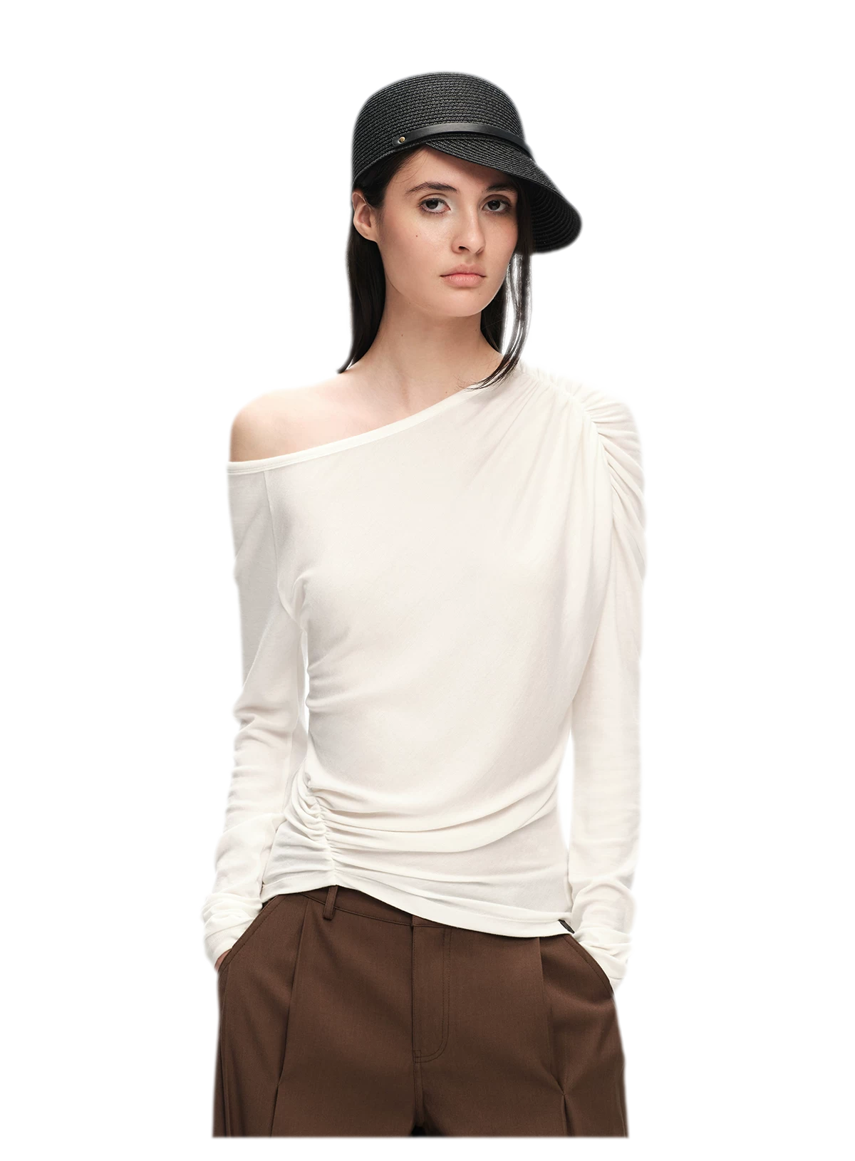 Wool Lyocell Ruched Shoulder Top