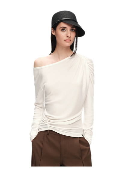 Wool Lyocell Ruched Shoulder Top