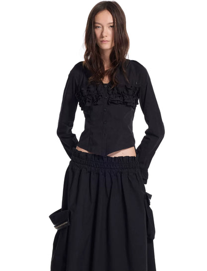 Pleated Ruffle Puff-Sleeve Shirt