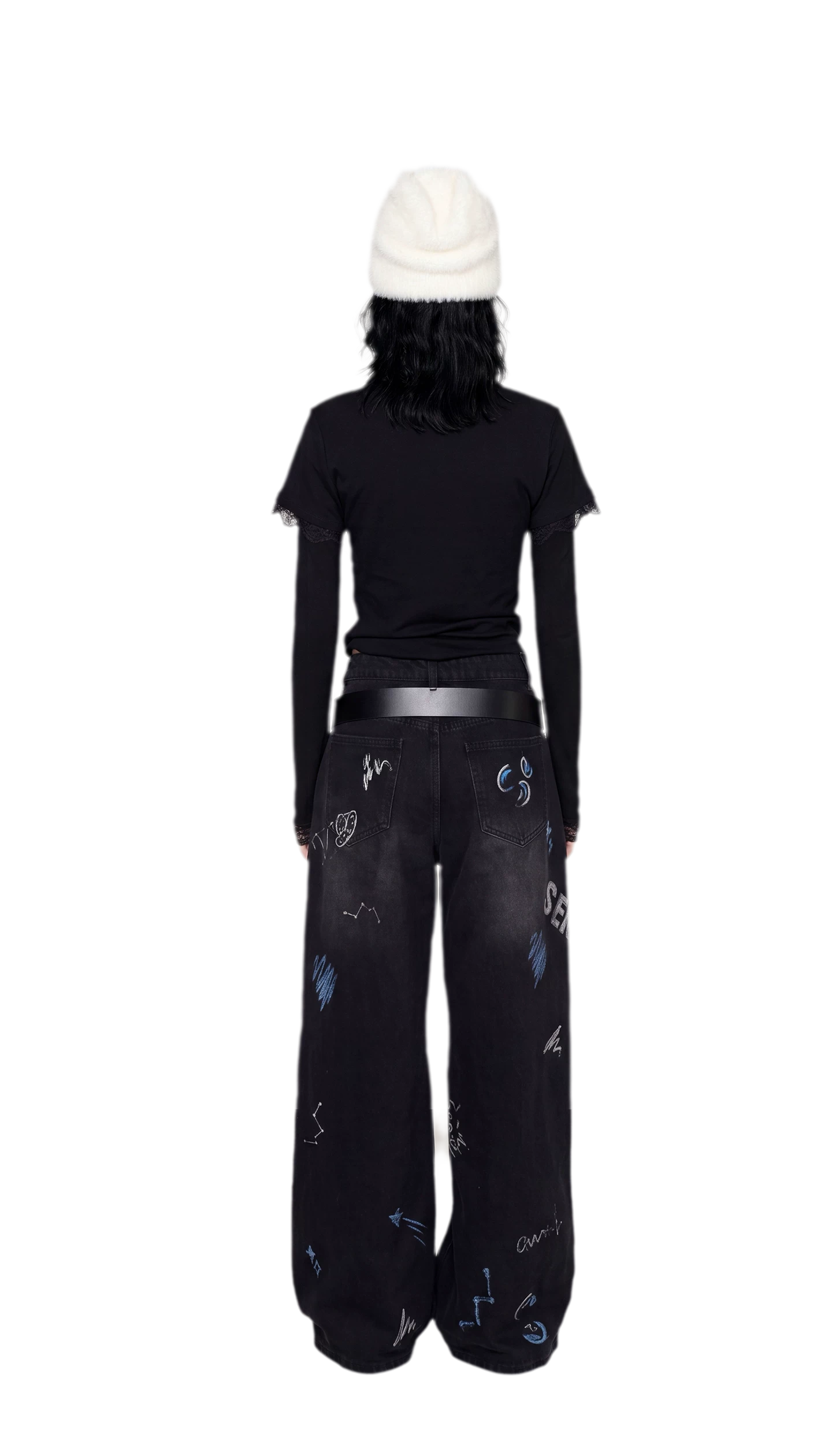 Washed Graffiti Wide-Leg Jeans