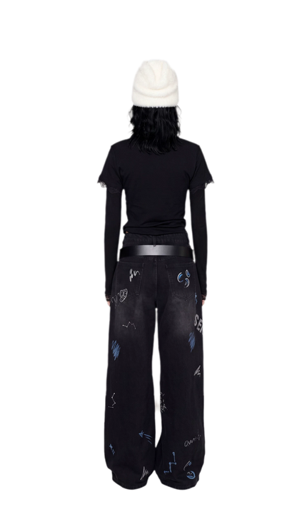 Washed Graffiti Wide-Leg Jeans