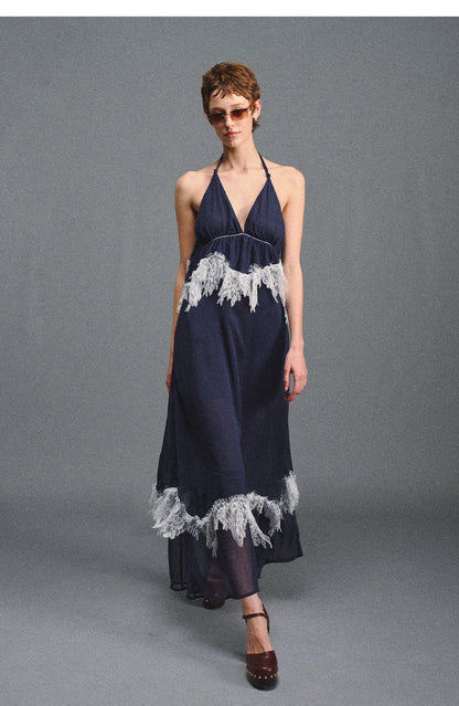 Deep V Halter Maxi Dress in Serene Blue