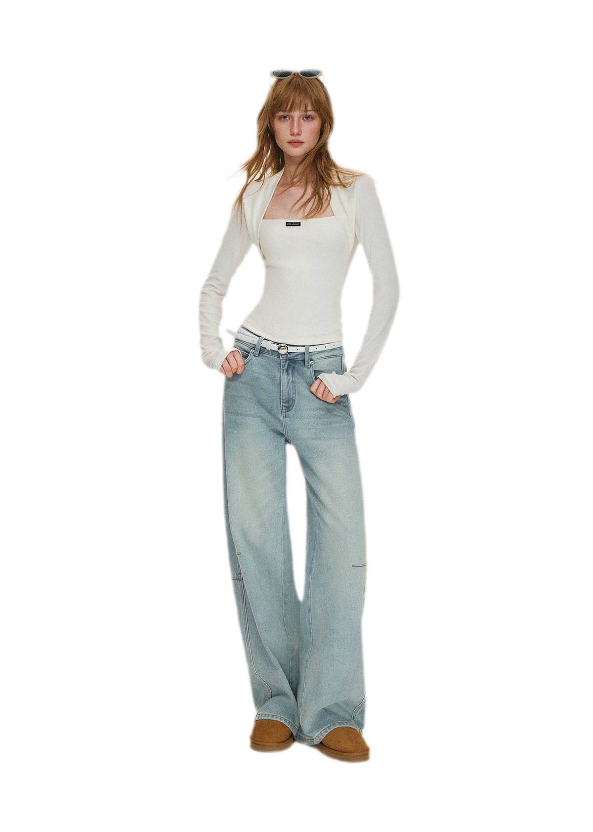 Washed Curved Wide-Leg Jeans