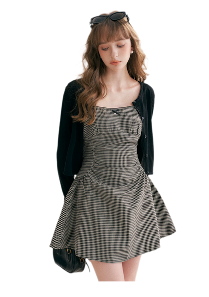 Hand-Pleated Ruffle Check Dress
