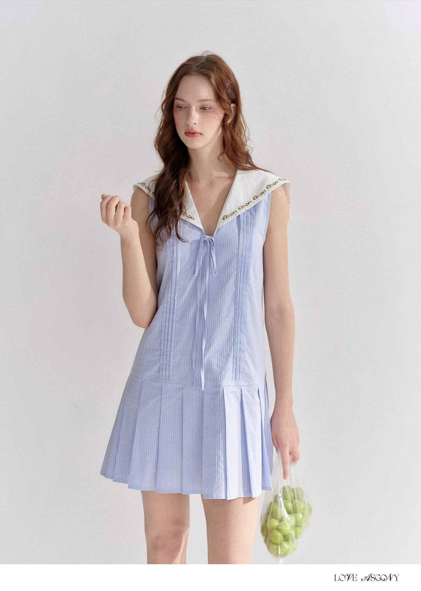 Embroidered Blue Striped Sailor Collar Pleated Dress