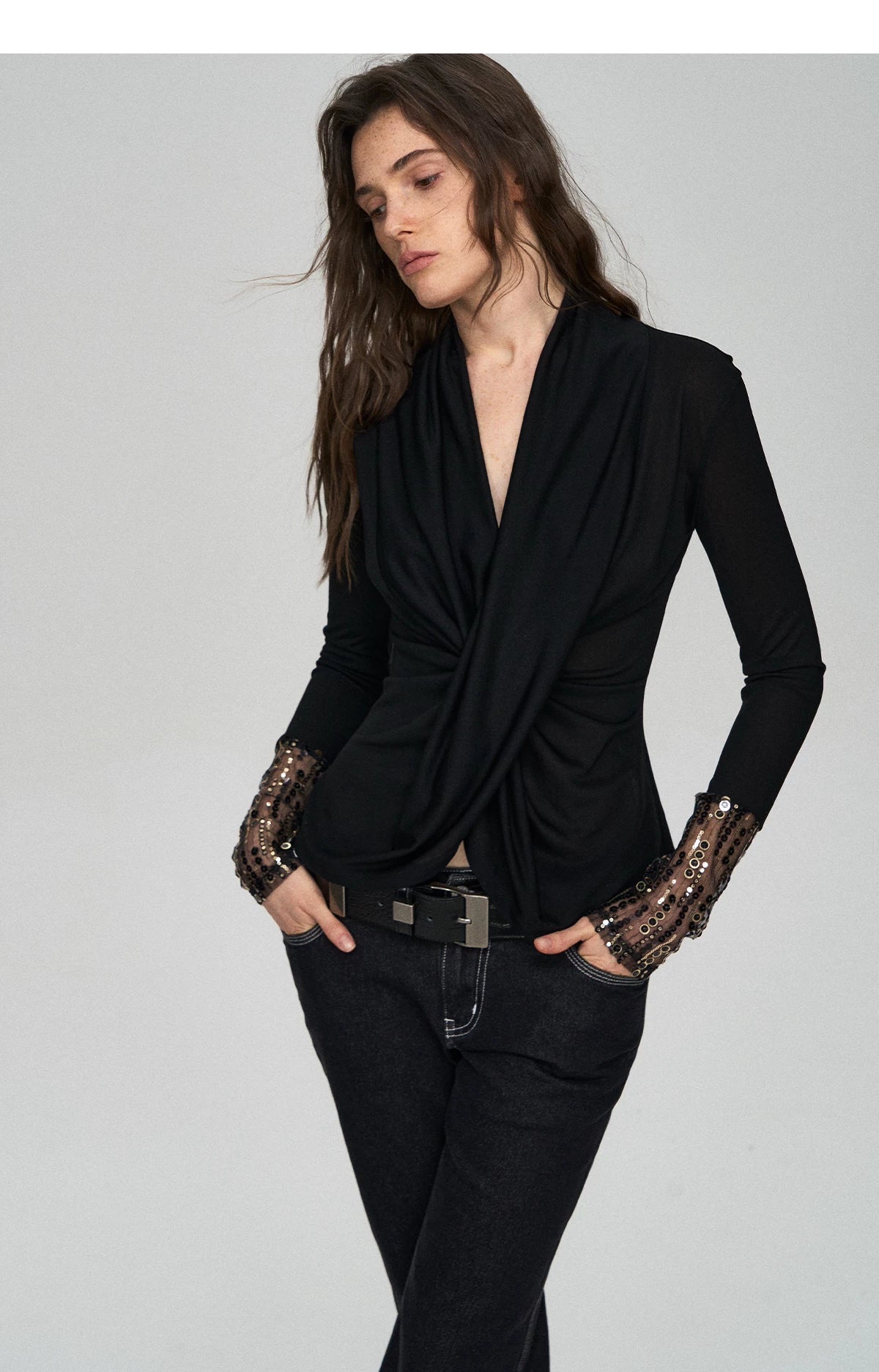 Embroidered Acetate Silk Cross-Knot Long Sleeve T-Shirt