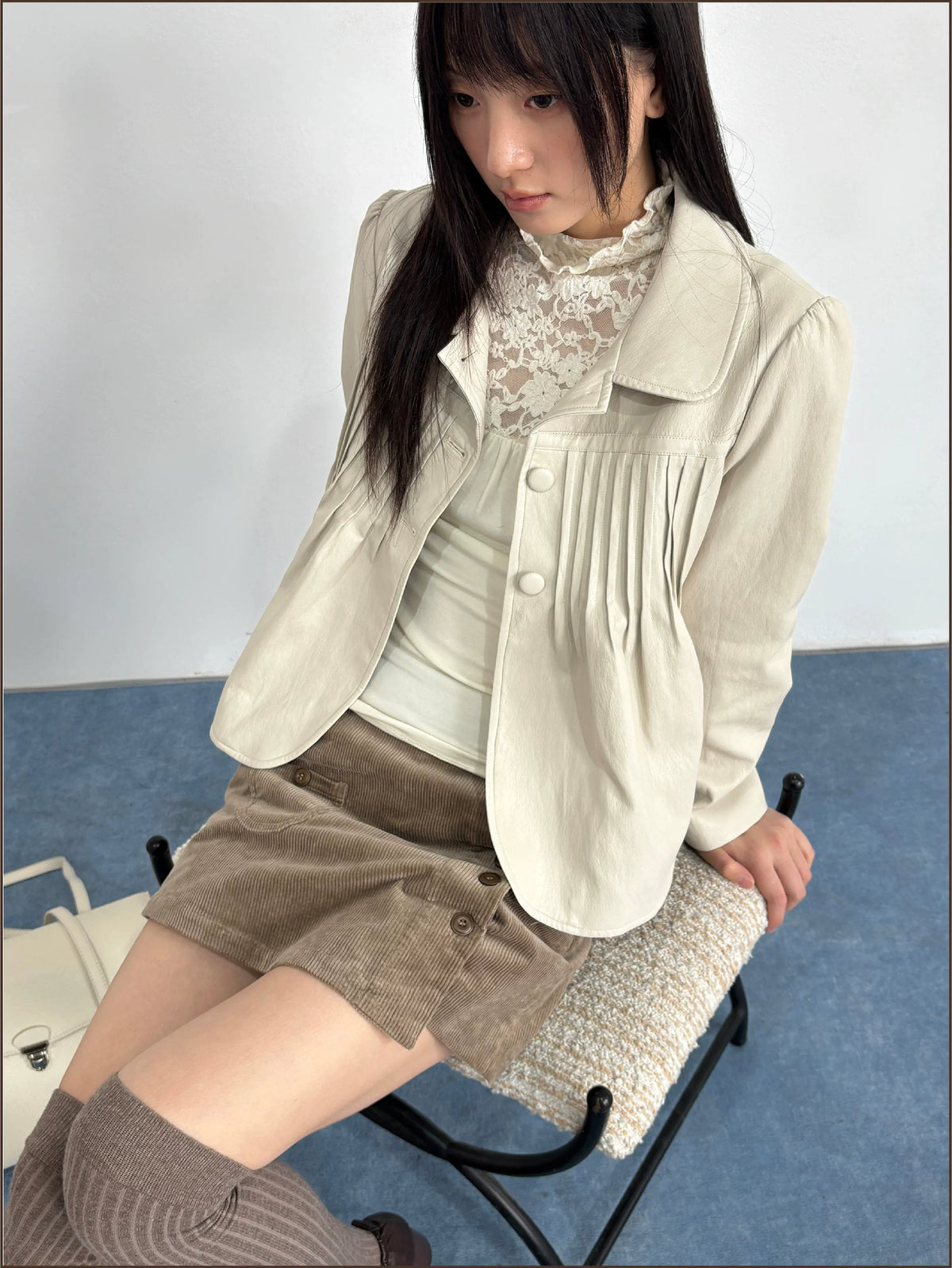 Distressed Pleated Oversized Leather Jacket