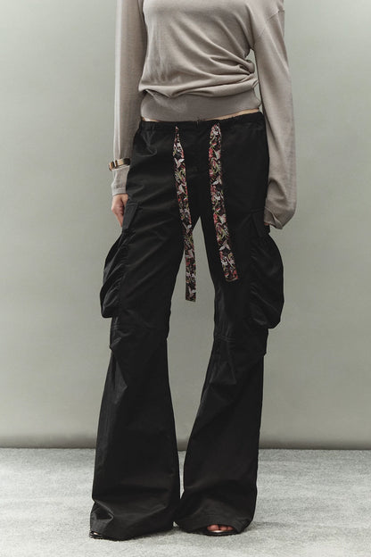 Printed Waistband Drawstring Multi-Pocket Low-Waist Cargo Pants