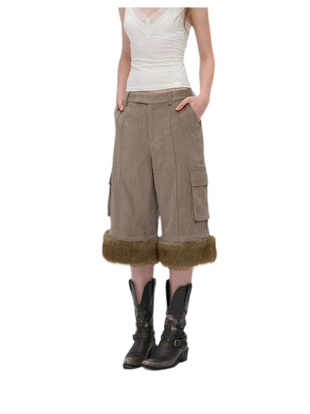Chenille Cargo Cropped Wide-Leg Pants