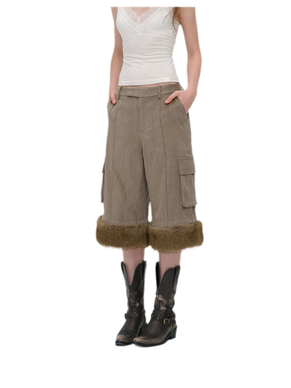 Chenille Cargo Cropped Wide-Leg Pants