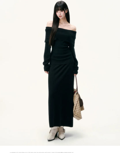 Wool Blend Off-Shoulder Skirt Set