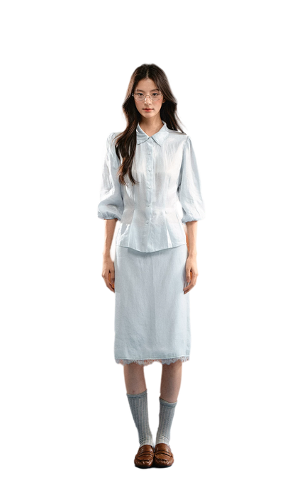 Linen Bubble Sleeve Top Skirt