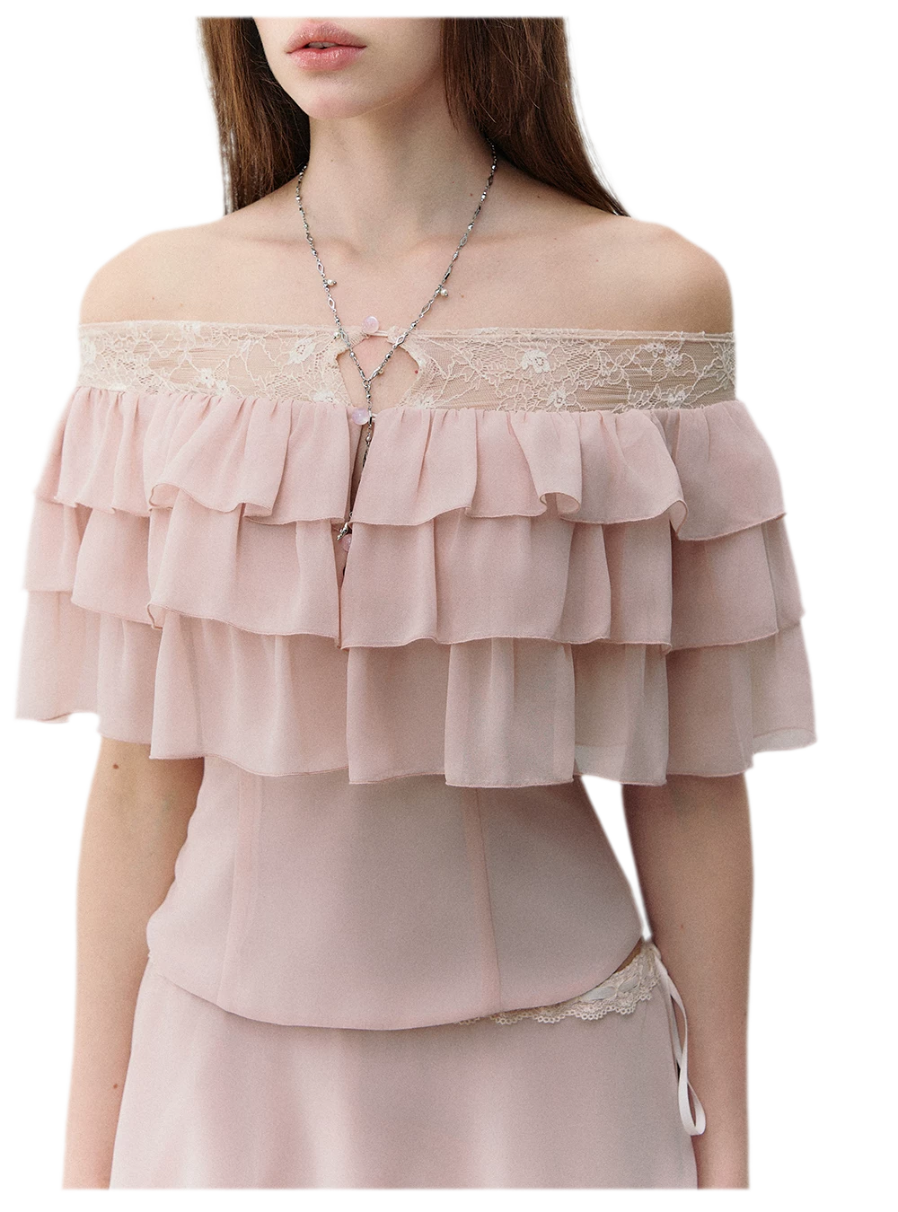 Layered Chiffon Lace Off-Shoulder T-Shirt