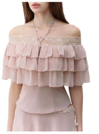 Layered Chiffon Lace Off-Shoulder T-Shirt