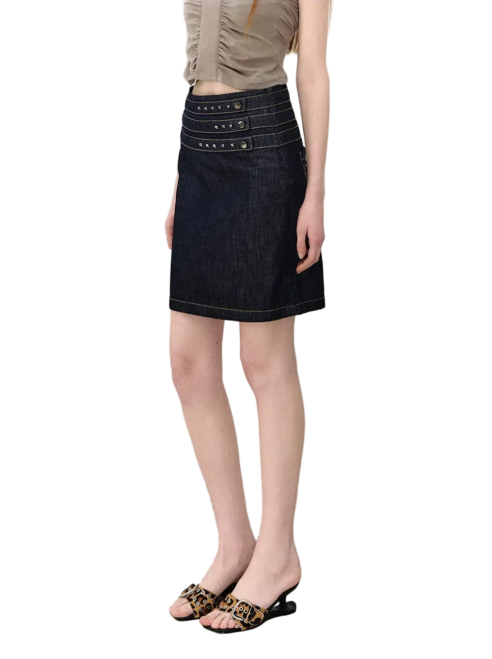 Retro Denim Blue Studded Straight Skirt