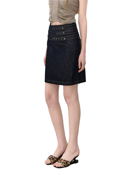 Retro Denim Blue Studded Straight Skirt