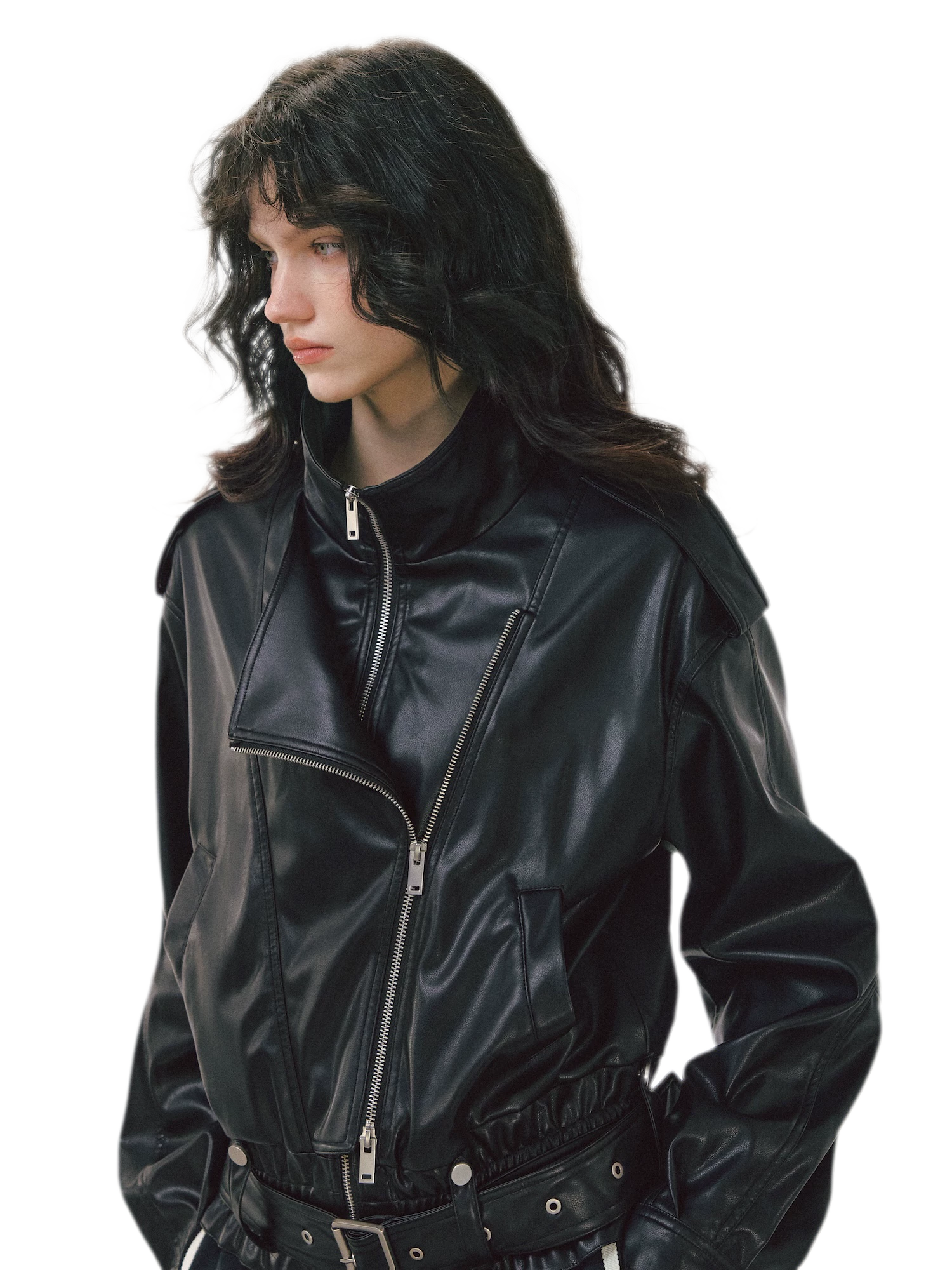 Leather-Look Cropped Motorcycle Jacket