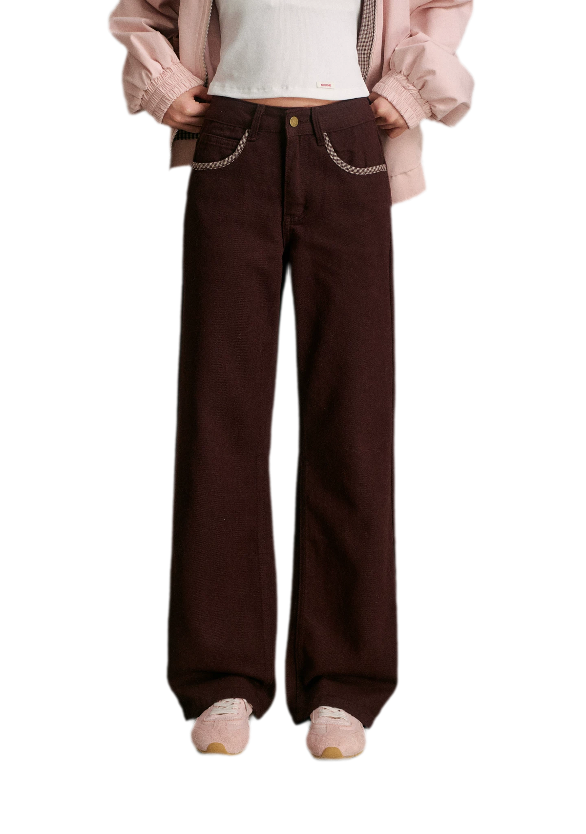 Cotton Contrast Plaid Bow Jeans