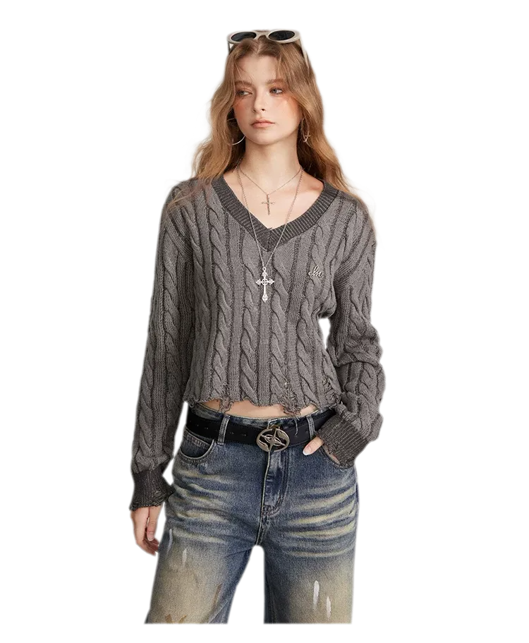 Distressed Cable Knit V-Neck Sweater