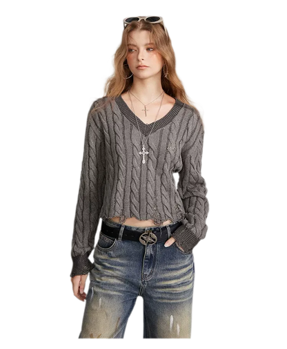 Distressed Cable Knit V-Neck Sweater
