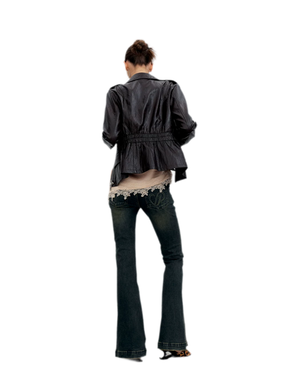 Distressed Cinched Waist PU Jacket