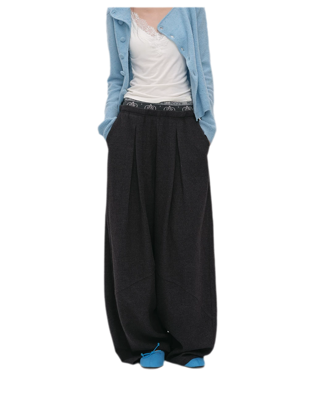 Pleated Contrast Wide-Leg Trousers