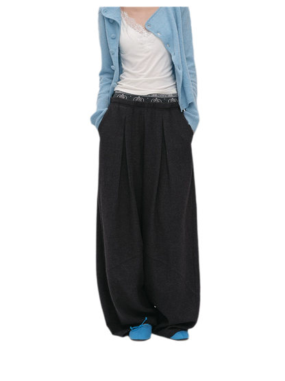 Pleated Contrast Wide-Leg Trousers
