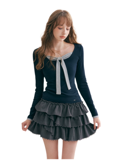 Striped Faux-Layer Fitted Top
