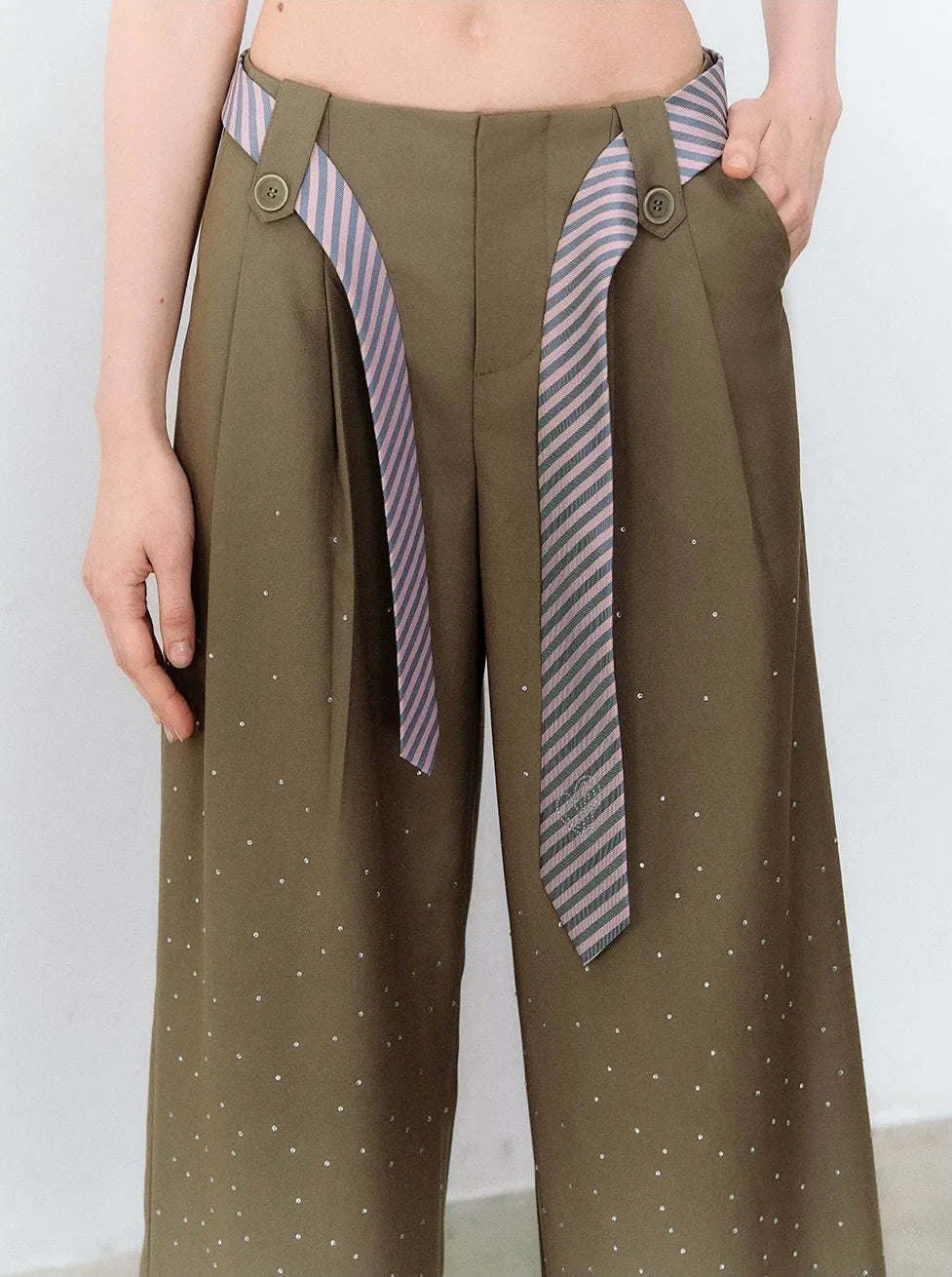 Rhinestone Pleated Waistband Wide-Leg Pants