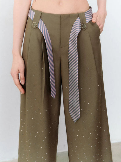 Rhinestone Pleated Waistband Wide-Leg Pants