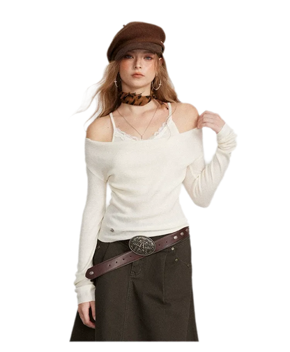 Draped Lace Trim Knit Top
