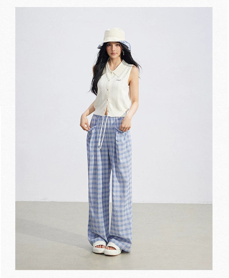 Lace Trim Plaid Wide-Leg Pants