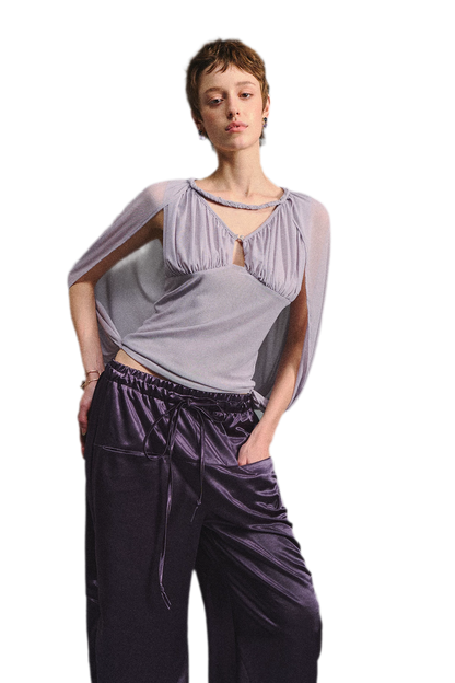 Ruched Mesh V-Neck Top
