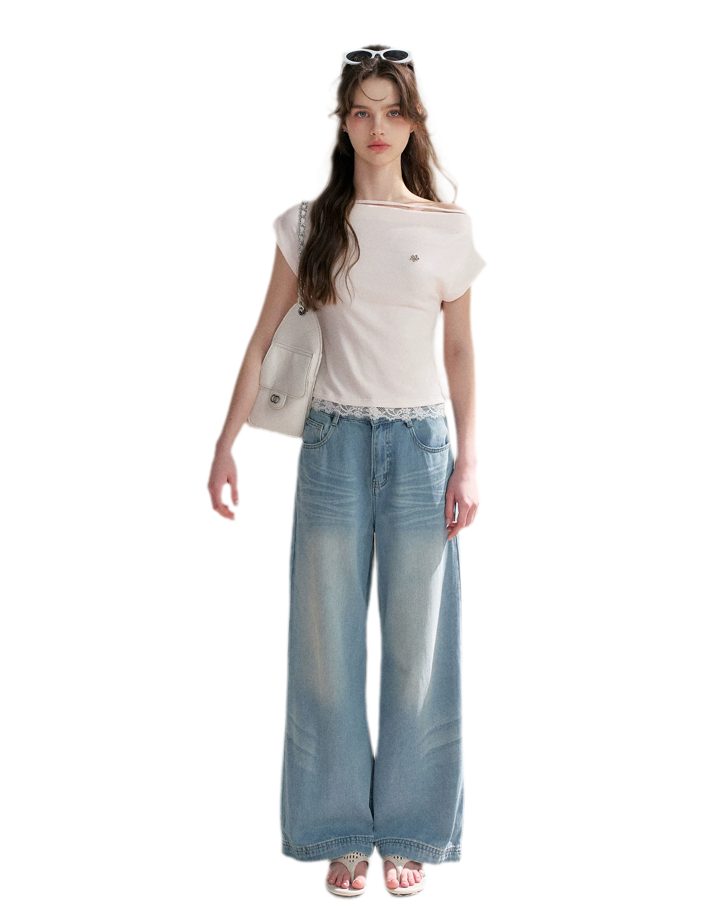 Lace Trim Asymmetric Short Sleeve T-Shirt