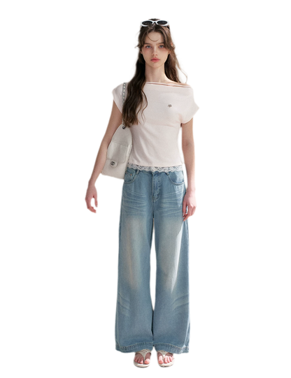Lace Trim Asymmetric Short Sleeve T-Shirt