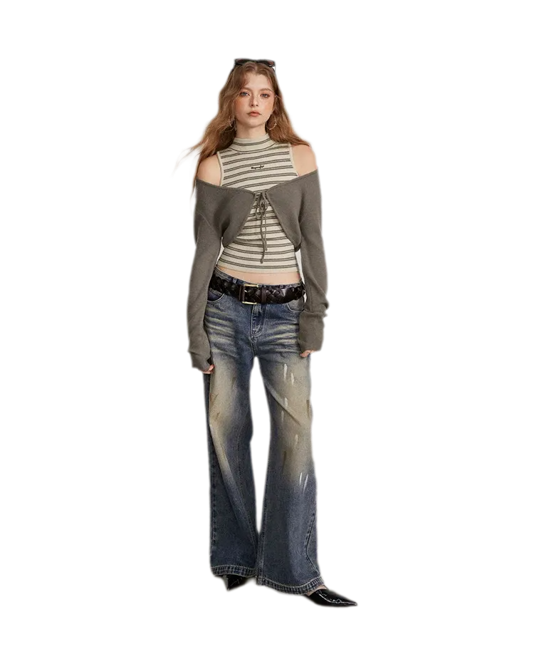 Contrast Stripe Knit Vest Set