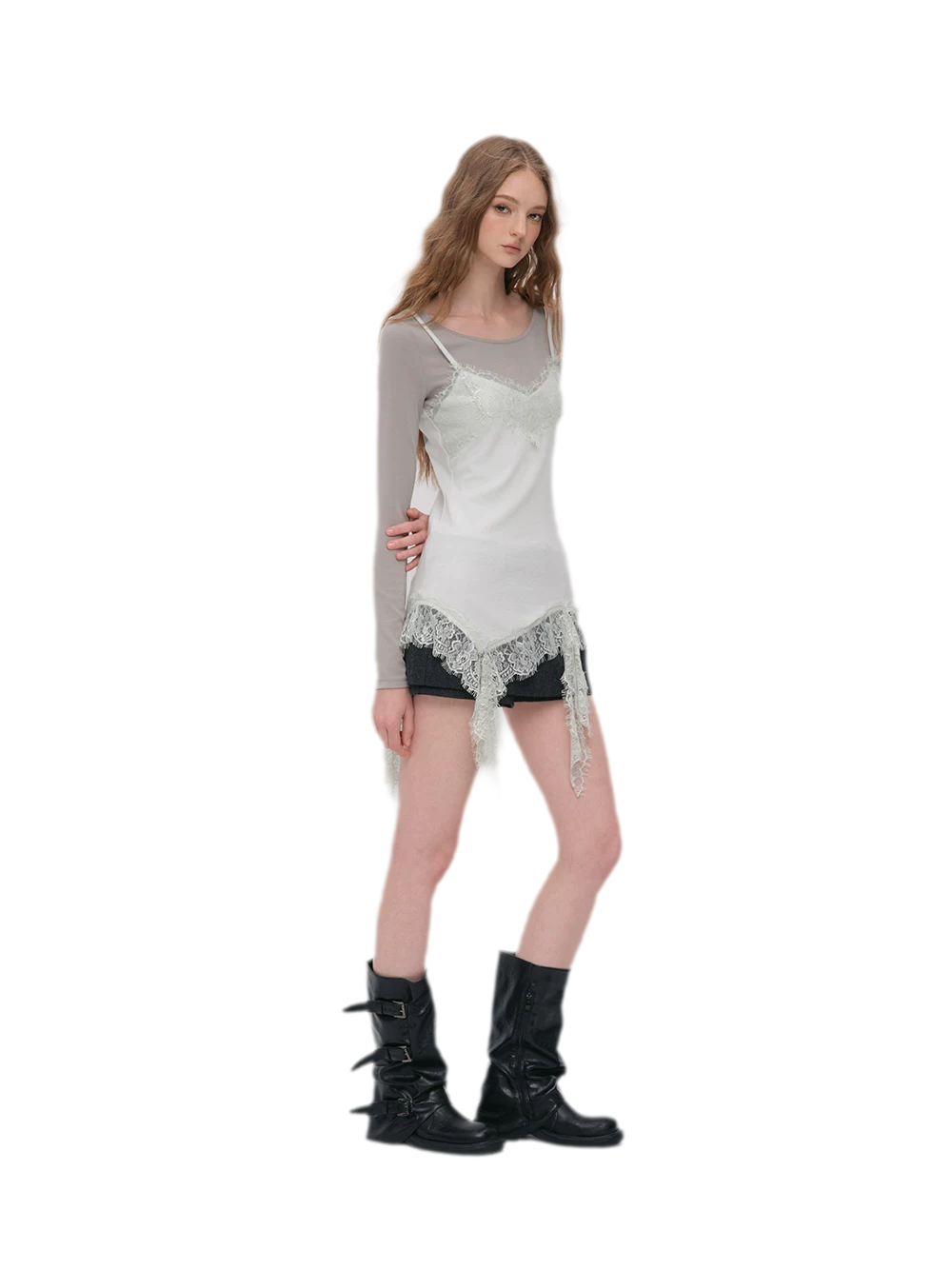 Lace Trim Layered Long-Sleeve Top