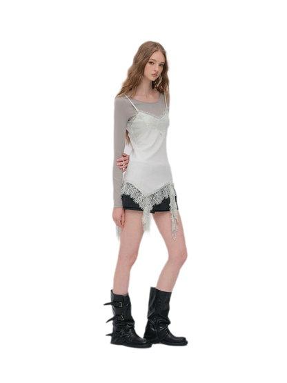 Lace Trim Layered Long-Sleeve Top