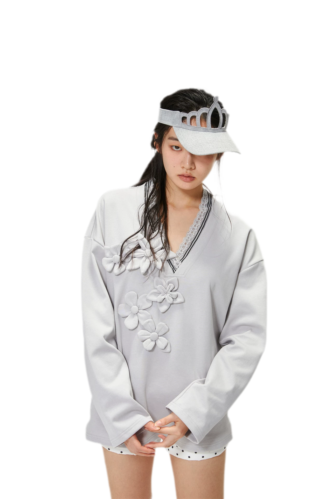 Handmade Flower Appliqué V-Neck Sweatshirt