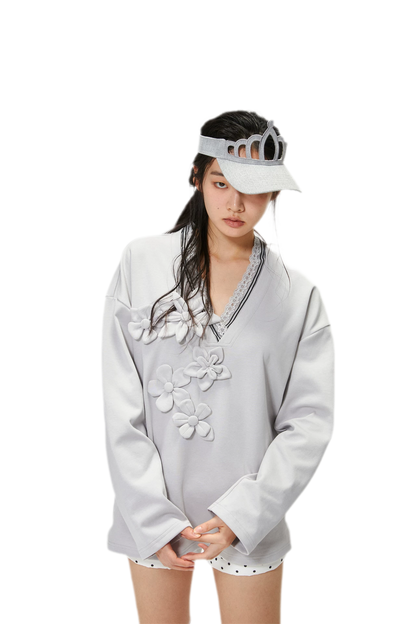 Handmade Flower Appliqué V-Neck Sweatshirt