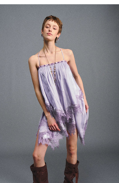 Lavender Galaxy Lace Satin Beaded Strap Dress