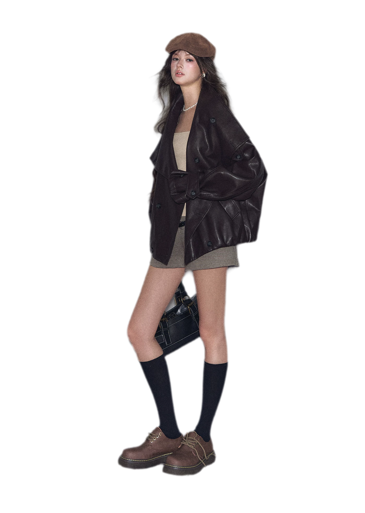 Faux-Leather Oversized Double-Breasted Jacket