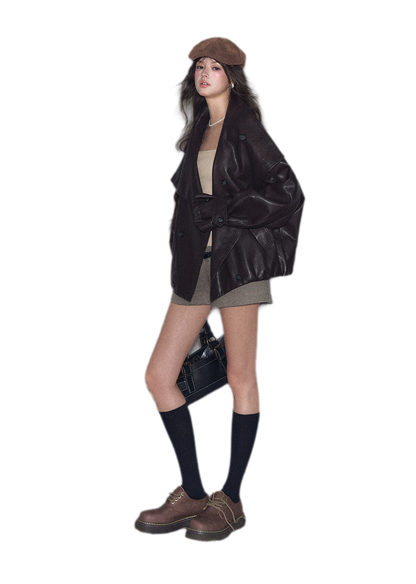 Faux-Leather Oversized Double-Breasted Jacket