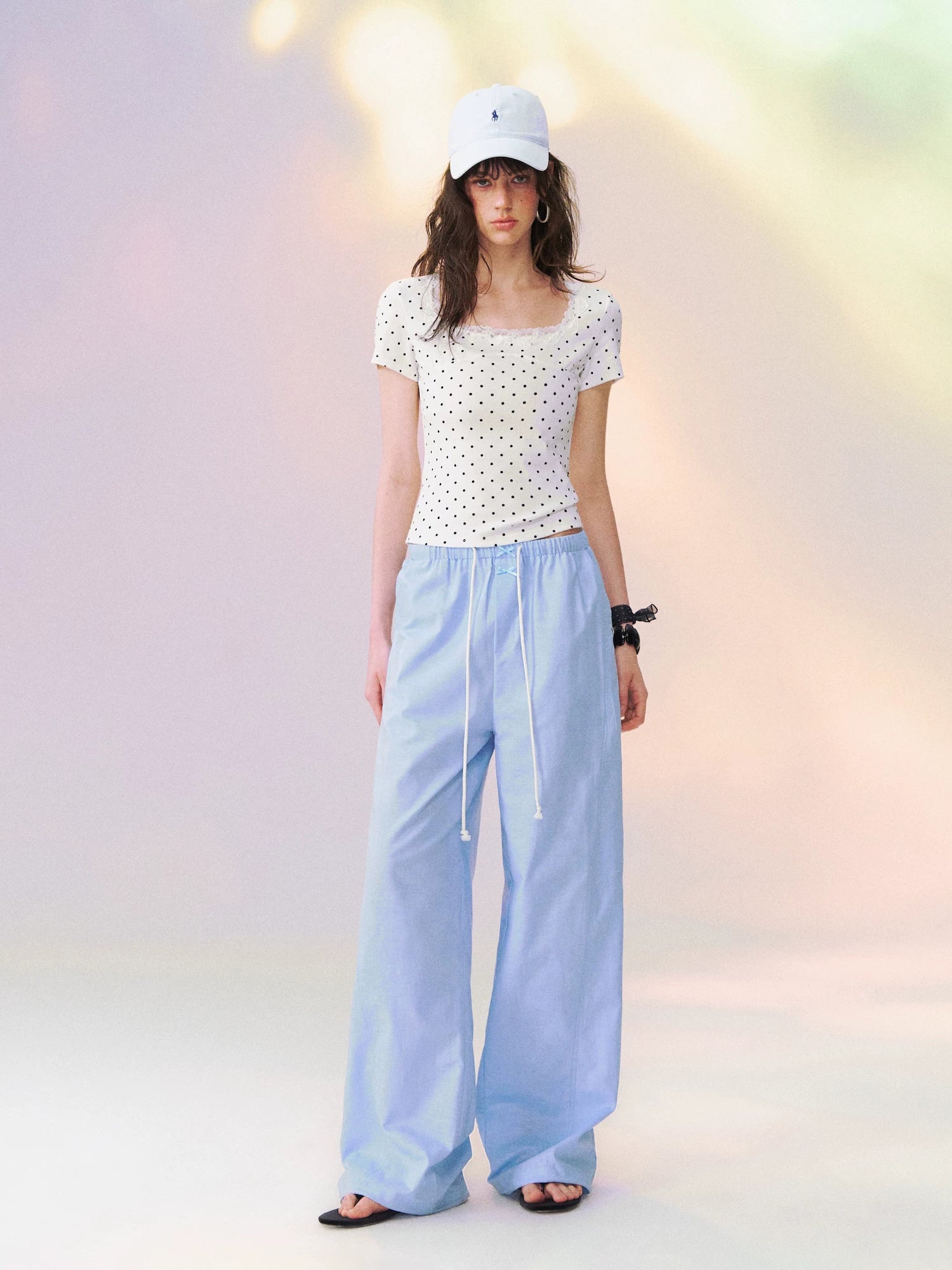 Square Neck Lace-Panel Slim T-shirt